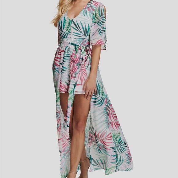 Kensie "NEW" White Green Floral V-Neck Tropical Bohemian Maxi Romper Jumpsuit *4 - Picture 1 of 13
